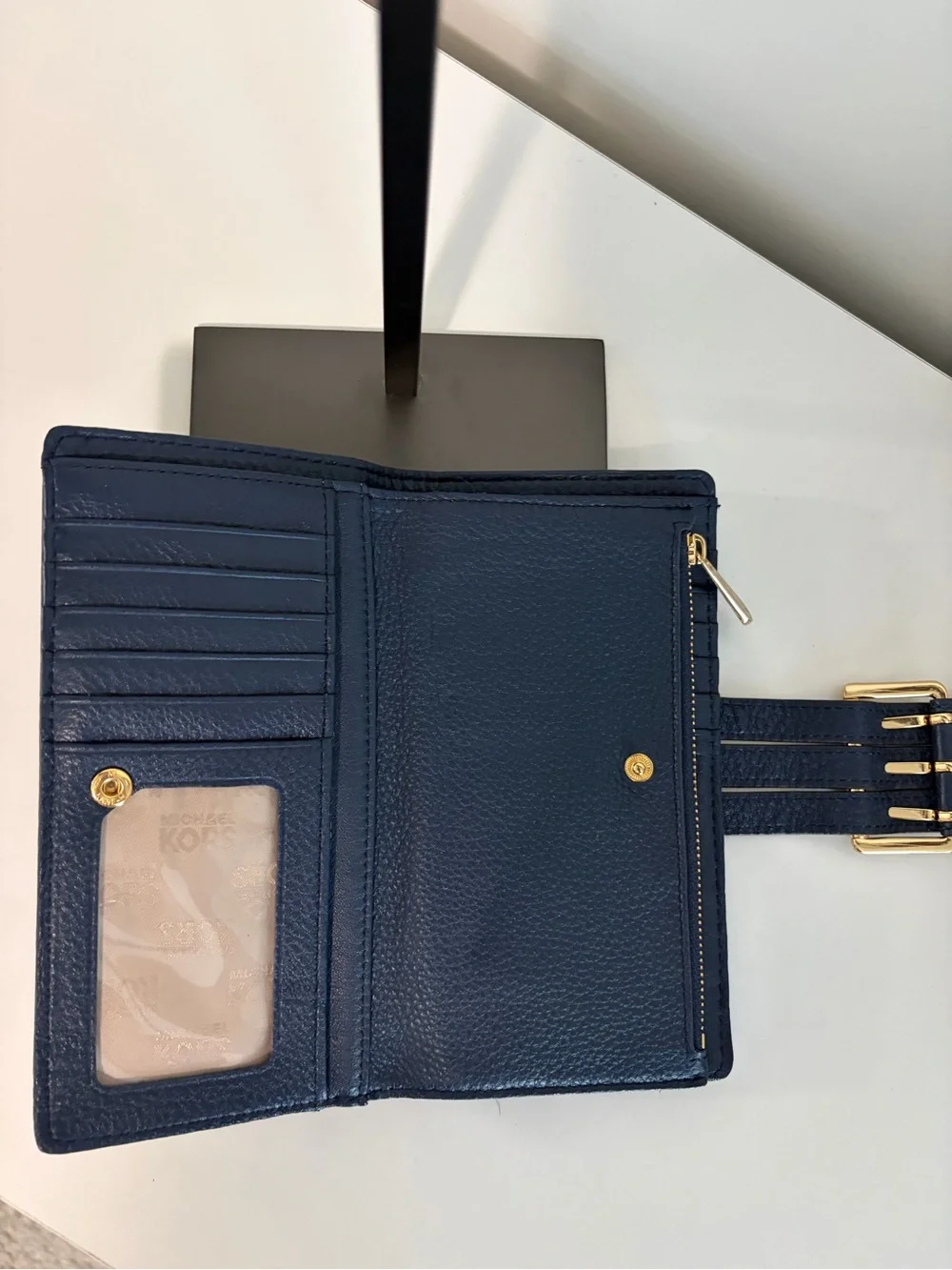 Michael Kors Gansevoort Navy Pebbled Leather Wallet with Gold-Tone Buckle